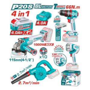 TOTAL батериски сет алати 4 во 1 (P20S, 2x 4.0Ah батерии)